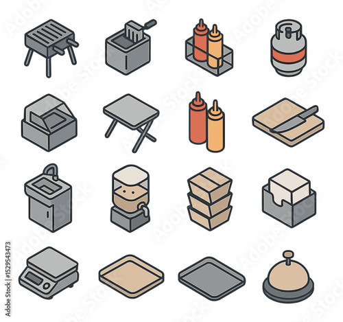 Street food equipment isometric set. portable grill, deep fryer, condiment rack, propane tank, food warmer box, folding table, sauce bottles, food prep