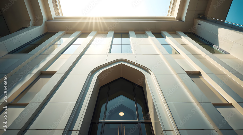 Modern building facade with geometric design and arched entrance Modern building facade with geometric design and arched entrance