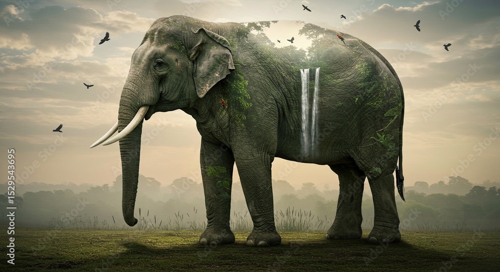 Fototapeta premium Majestic Elephant with Forest and Waterfall Double Exposure, Symbolizing Nature's Power