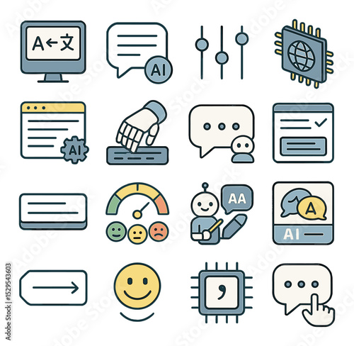 AI in communication isometric set. AI translator screen, smart transcription bubble, tone adjustment tool, language detection chip, email summarizer window