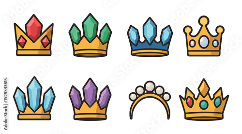 Gemstone Crowns Concept isometric set. Ruby crown, emerald crown, sapphire tiara, opal-studded crown, crystal crown, amethyst crown, pearl headpiece.