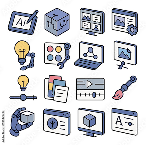 Creative AI partner isometric set. AI sketchpad, generative design engine, digital storyboard screen, creative brief analyzer, robotic brainstorming