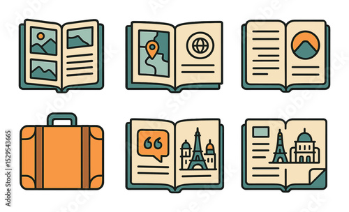 Travel Book Mockups Concept isometric set. Photo-heavy spread, location map insert, passport stamp page, destination chapter title, suitcase-themed cover.