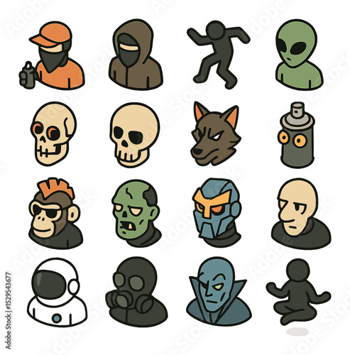 Graffiti character styles isometric set. street artist figure, hoodie with mask, urban dancer silhouette, cartoon alien, robotic face, graffiti-style skull
