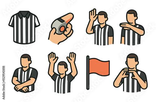 Basketball Referee Symbols Concept isometric set. Referee shirt, whistle in hand, foul call pose, timeout signal, traveling motion, jump ball signal, flag