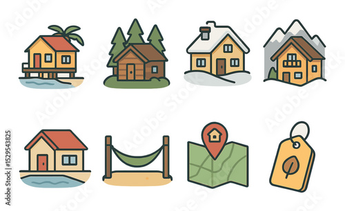 Vacation Property Concept isometric set. Beach house, cabin in woods, ski lodge, mountain chalet, pool villa icon, hammock yard, travel map with property.