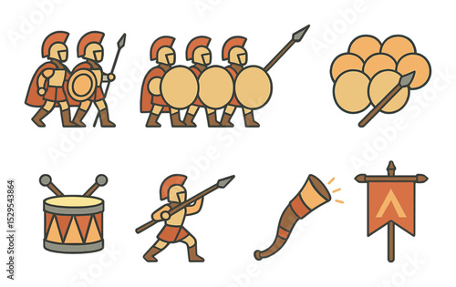 Spartan Army Icons Concept isometric set. Marching formation, hoplite line, phalanx diagram, shield wall, war drum icon, spear thrower, rally horn.
