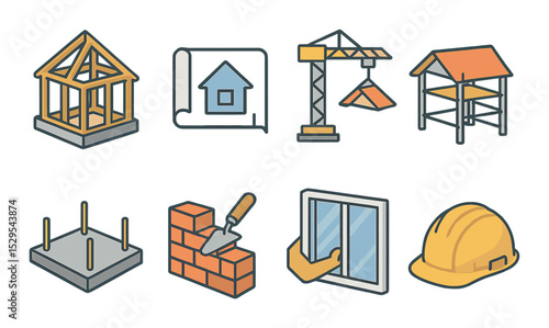 House Construction Concept isometric set. House frame, blueprint house, crane lifting roof, scaffolding icon, concrete foundation, brick wall build, window