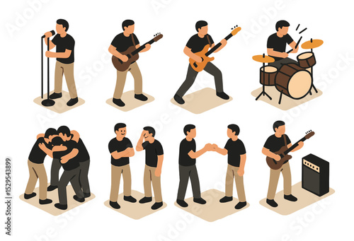 Band dynamics isometric set. lead singer, rhythm guitarist, bassist stance, drummer hit, group huddle, laughing pose, fist bump, soundcheck scene.
