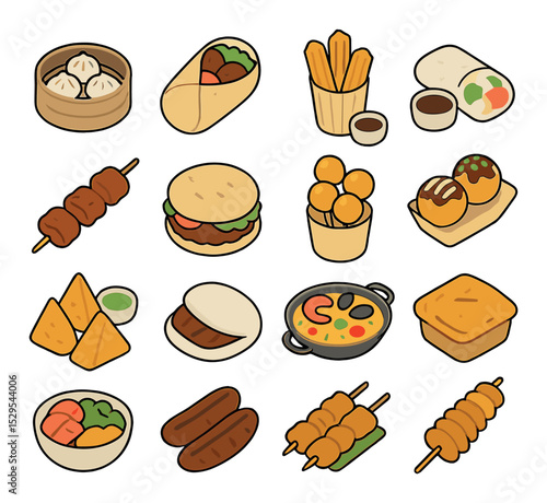Regional street foods isometric set. steamed dumplings, falafel wrap, churros with dip, rice paper rolls, jerk chicken skewer, arepa sandwich, curry