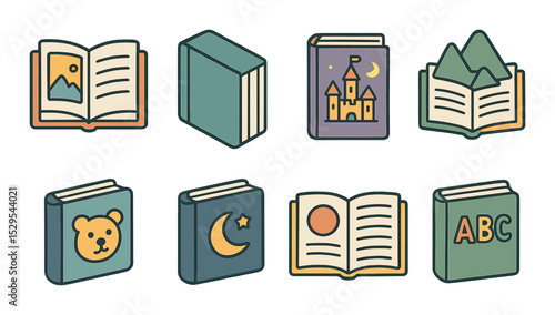 Children’s Book Mockups Concept isometric set. Open picture book, colorful hardcover, fairy tale cover, pop-up page, animal storybook, bedtime book.