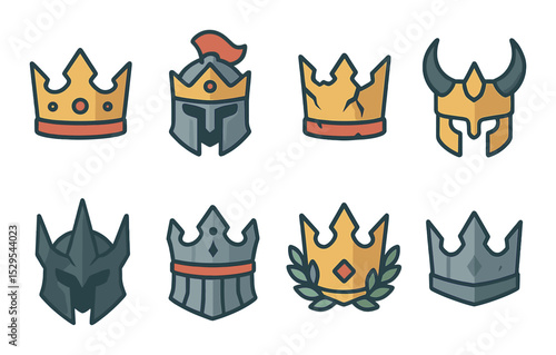 Battle Crowns Concept isometric set. Warrior crown, helmet with crown, battle-damaged crown, horned crown, dark warlord headpiece, armored crown, victory