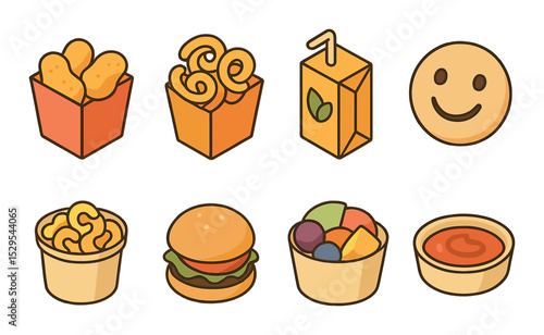 Kids’ Meals Concept isometric set. Chicken nuggets, curly fries, juice box, smiley face pancake, mac and cheese cup, mini burger, colorful fruit cup.