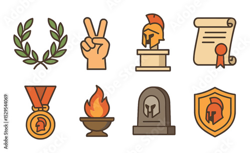 Spartan Honor Concept isometric set. Laurel crown, victory gesture, hero pedestal, oath scroll, battle medal, tribute fire, memorial stone, golden crest