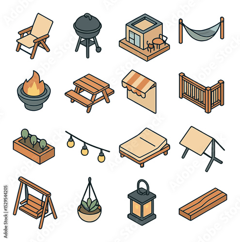 Outdoor living space isometric set. folding patio chair, portable grill, rooftop terrace, outdoor hammock, fire pit bowl, small picnic table, retractable