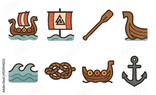 Viking Ships Concept isometric set. Dragon-headed longship, sail with symbol, wooden oar, ship prow, ocean waves, rope knot, shield-lined hull, anchor icon