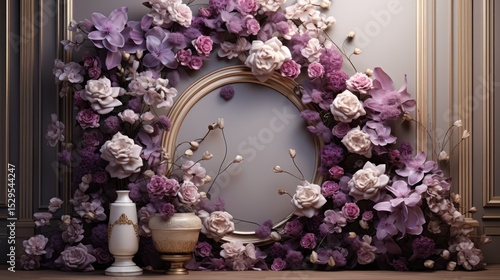 realistic looking golden tall 3d modern shaped border with standing on podium, there is a stunning eye catchy real flower arrangement with purple roses and white hydrangies standing besides frame, 