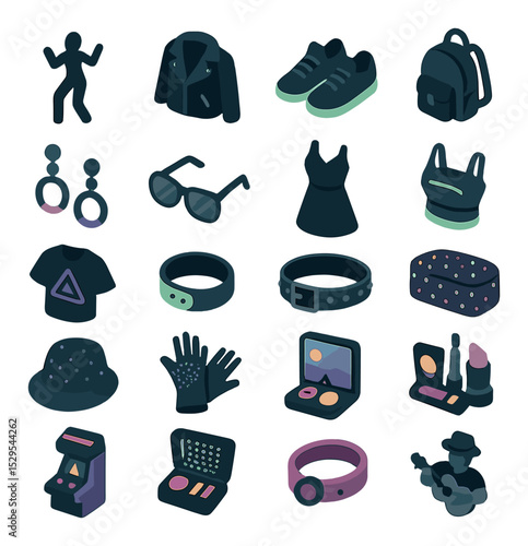 Nightlife activities isometric set. dancing silhouette, live DJ setup, rooftop movie projector, group selfie moment, couple dining at night, fire show.