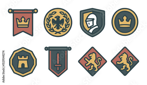 Kingdom Insignias Concept isometric set. Royal standard, imperial emblem, knight’s crest, crown seal, kingdom token, banner of war, noble mark, house sigil