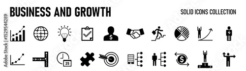 Business  solid icon set. Contain human resources, money movement, development, business process, growth and more. Vector illustration
