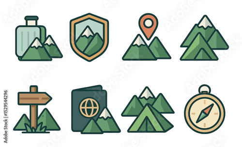 Mountain Travel Concept isometric set. Suitcase near mountains, travel badge icon, guided tour marker, trailhead post, passport and peak, map pin on summit