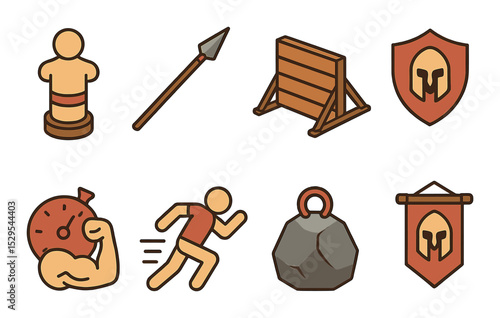 Spartan Training Concept isometric set. Sandbag dummy, training spear, obstacle wall, gymnasium symbol, endurance icon, sprint figure, stone weight.