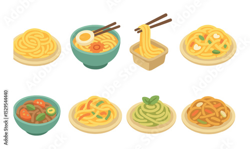Noodle Dishes Concept isometric set. Spaghetti, ramen bowl, udon noodles, pad thai, soba salad, lo mein, pasta with pesto, yakisoba