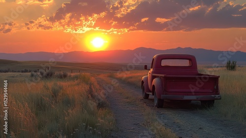 Red truck at sunset