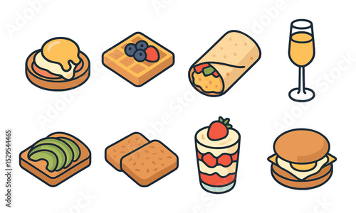 Brunch Favorites Concept isometric set. Eggs Benedict, waffles with berries, breakfast burrito, mimosa glass, avocado toast, hash browns, fruit parfait.
