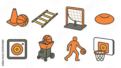 Basketball Training Concept isometric set. Dribbling cone, training ladder, rebound net, agility marker, shot tracker, ball machine, skill drill icon, hoop
