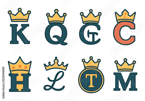 Crowned Letters Concept isometric set. Letter K with crown, letter Q crowned, crown over monogram, bold letter C with gems, typeface inside crown, script