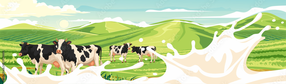 Dairy cows graze in green pastures with milk splashing in the foreground.