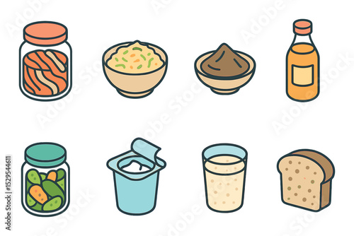 Fermented Foods Concept isometric set. Kimchi jar, sauerkraut bowl, miso paste dish, kombucha bottle, pickled vegetables, yogurt cup, kefir glass.