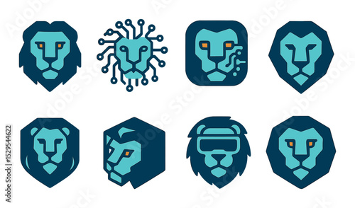 Lion Tech Logo Concept isometric set. Digital lion face, circuit mane, lion AI icon, geometric lion head, tech lion emblem, cube lion shape, VR lion.