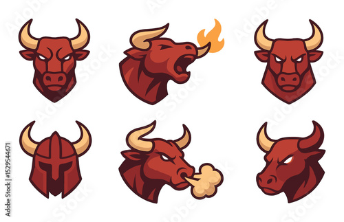 Bull Mascot Logos Concept isometric set. Fierce bull face, roaring bull, flame horn bull, sports crest with bull, angry red bull, horned helmet, power
