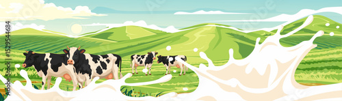 Dairy cows graze in green pastures with milk splashing in the foreground.