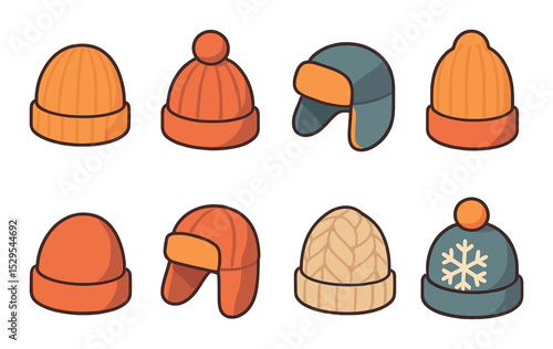 Winter Hat Mockups Concept isometric set. Knit beanie, pom-pom hat, fleece-lined cap, ribbed wool hat, folded brim beanie, earflap hat, chunky yarn hat.