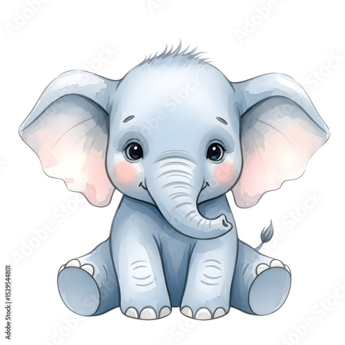 Cute Blue Elephant Sitting – Kids Illustration – Transparent Background