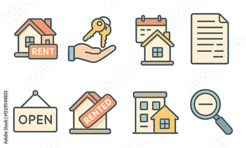 House Rental Icons Concept isometric set. Rent sign on house, keys in hand icon, calendar over home, monthly lease sheet, tenant agreement, open house symbol, rented tag, apartment search