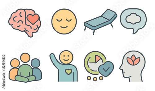 Mental Health Concept isometric set. Brain with heart, calm face icon, therapy couch, thought bubble, support group, mental wellness icon, mood tracker.