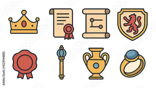 Royal Heritage Concept isometric set. Ancient crown, royal document, timeline scroll, family crest, wax seal, historical scepter, royal artifact, heirloom