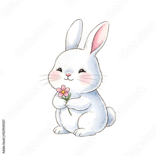 Cute White Bunny Sitting Holding a Flower – Kids Illustration – Transparent Background