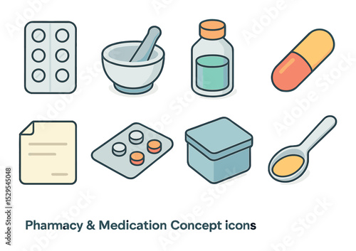 Pharmacy & Medication Concept isometric set. Pill blister pack, mortar and pestle, liquid medicine bottle, capsule, prescription sheet, pill counter, med