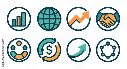 Business Circle Logos Concept isometric set. Bar chart in circle, globe icon, growth arrow ring, handshake orb, abstract team circle, finance loop, upward