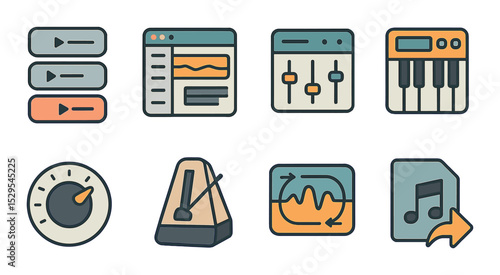 Music Production Concept isometric set. Audio track layers, DAW interface icon, sound effects panel, virtual instrument, tempo knob, metronome, loop editor