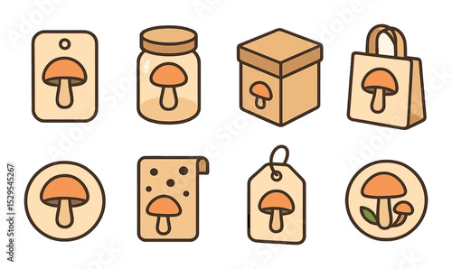 Mushroom Packaging Concept isometric set. Label with mushroom, fungi jar logo, product box with cap, eco bag shroom icon, sticker fungi badge, wrap with