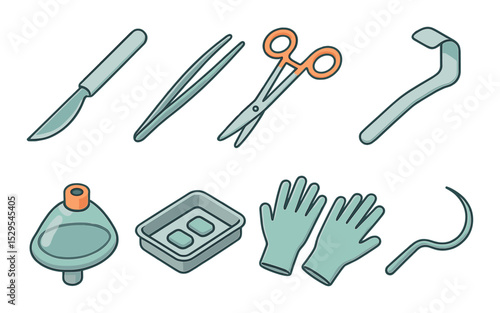Surgical Tools Concept isometric set. Scalpel, forceps, surgical scissors, retractor, anesthesia mask, sterile tray, surgical gloves, suture needle