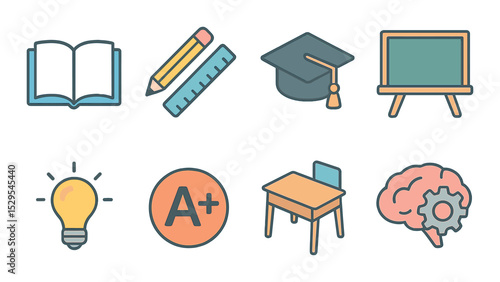 Educational Poster Concept isometric set. Open book, pencil and ruler, graduation cap, chalkboard, lightbulb idea, A+ grade symbol, classroom desk, brain