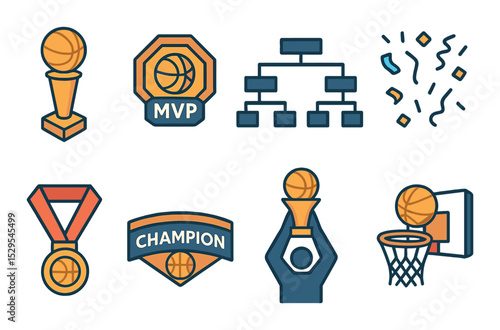 Basketball Championship Concept isometric set. Gold trophy, MVP badge, tournament bracket, confetti rain, medal icon, champion banner, cup celebration.