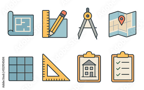 Construction Planning Concept isometric set. Blueprint scroll, ruler and pencil, architect compass, layout map, grid structure icon, scale triangle.